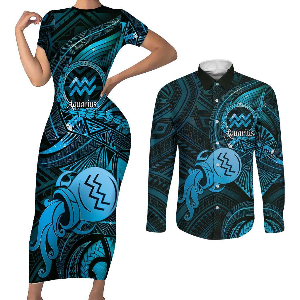 Personalised Polynesia Zodiac Aquarius Couples Matching Short Sleeve Bodycon Dress and Long Sleeve Button Shirt Galaxy Polynesian Pattern Chest Tattoo Style LT14 Blue - Polynesian Pride
