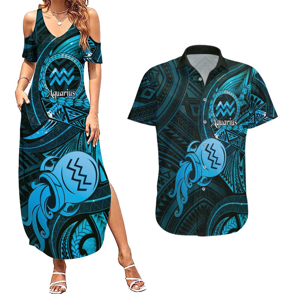 Personalised Polynesia Zodiac Aquarius Couples Matching Summer Maxi Dress and Hawaiian Shirt Galaxy Polynesian Pattern Chest Tattoo Style LT14 Blue - Polynesian Pride