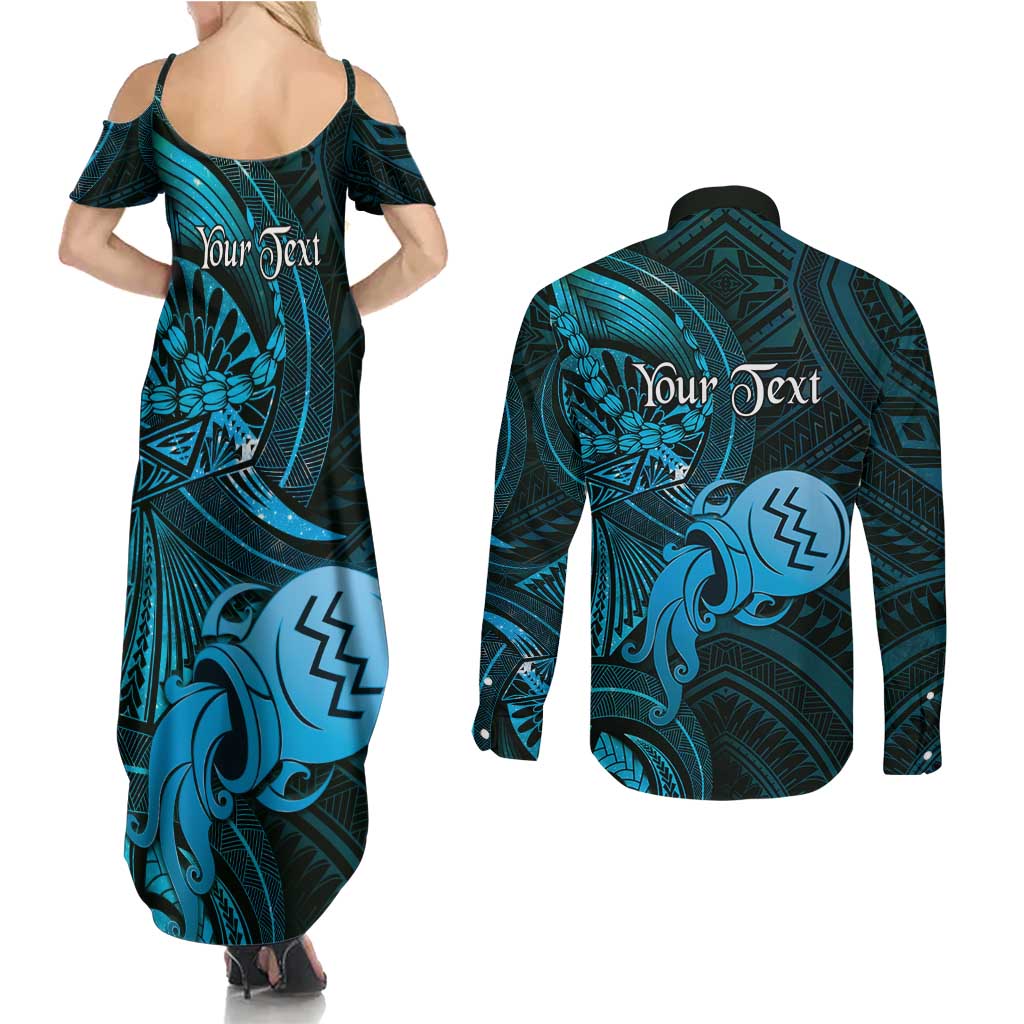 Personalised Polynesia Zodiac Aquarius Couples Matching Summer Maxi Dress and Long Sleeve Button Shirt Galaxy Polynesian Pattern Chest Tattoo Style LT14 - Polynesian Pride