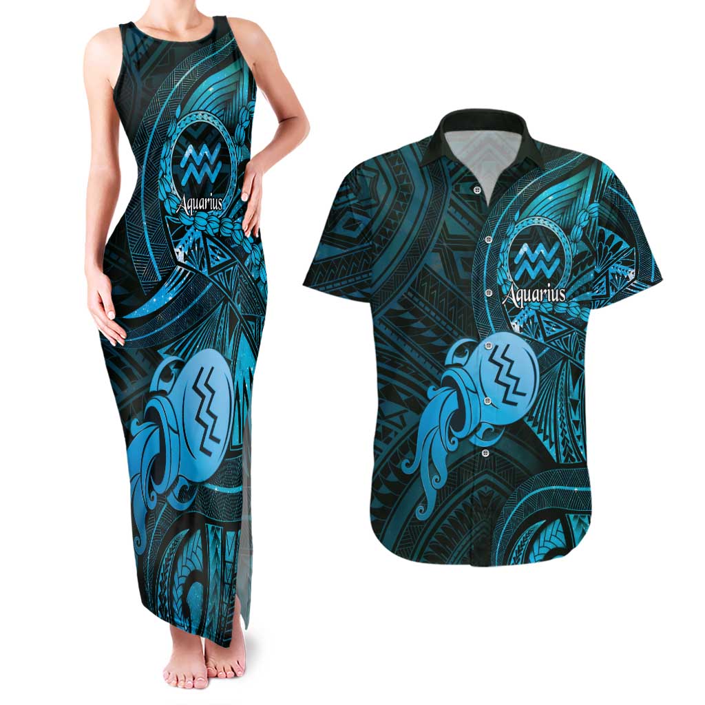 Personalised Polynesia Zodiac Aquarius Couples Matching Tank Maxi Dress and Hawaiian Shirt Galaxy Polynesian Pattern Chest Tattoo Style LT14 Blue - Polynesian Pride