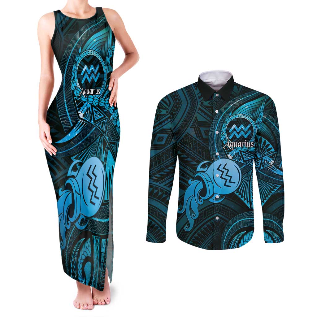 Personalised Polynesia Zodiac Aquarius Couples Matching Tank Maxi Dress and Long Sleeve Button Shirt Galaxy Polynesian Pattern Chest Tattoo Style LT14 Blue - Polynesian Pride