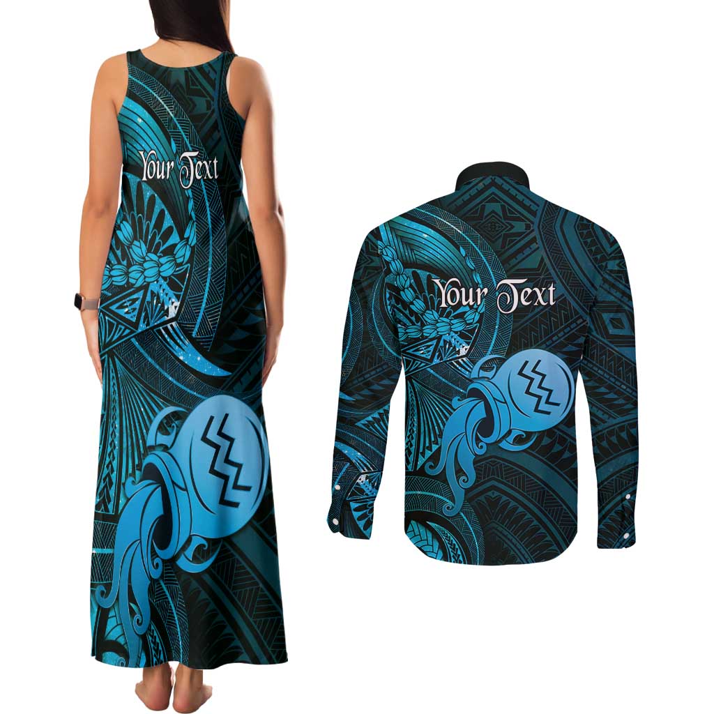 Personalised Polynesia Zodiac Aquarius Couples Matching Tank Maxi Dress and Long Sleeve Button Shirt Galaxy Polynesian Pattern Chest Tattoo Style LT14 - Polynesian Pride