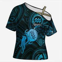 Personalised Polynesia Zodiac Aquarius Cross Shoulder Shirt Galaxy Polynesian Pattern Chest Tattoo Style LT14 Female Blue - Polynesian Pride