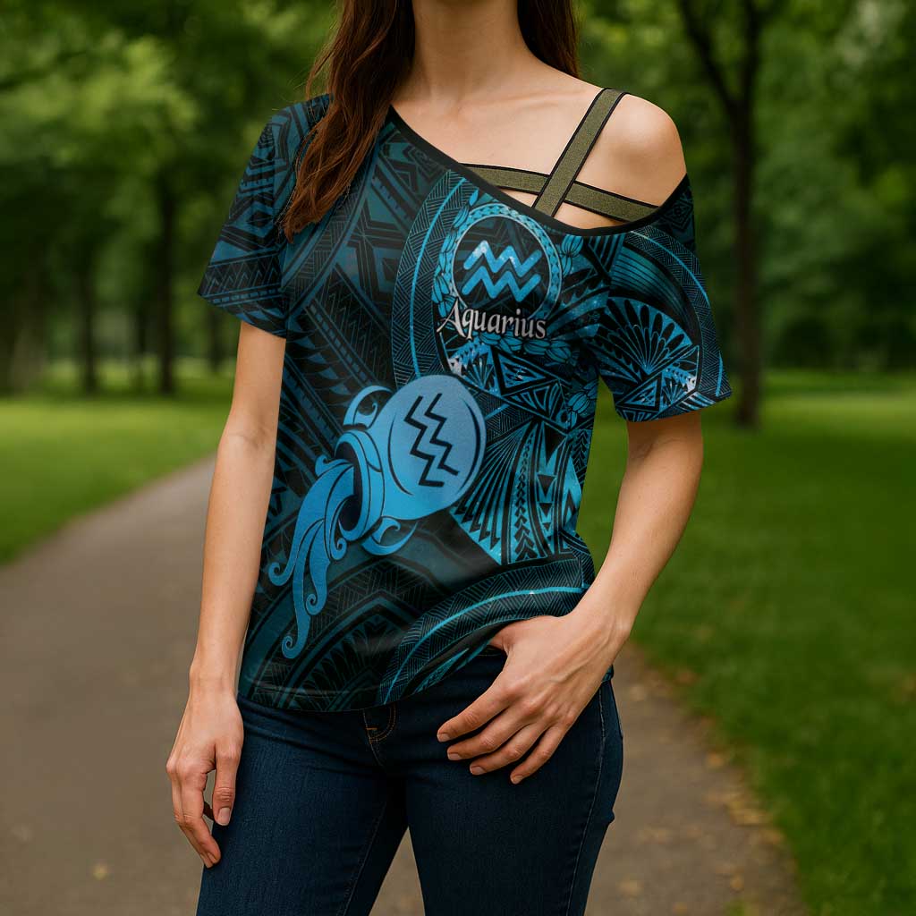 Personalised Polynesia Zodiac Aquarius Cross Shoulder Shirt Galaxy Polynesian Pattern Chest Tattoo Style LT14 - Polynesian Pride
