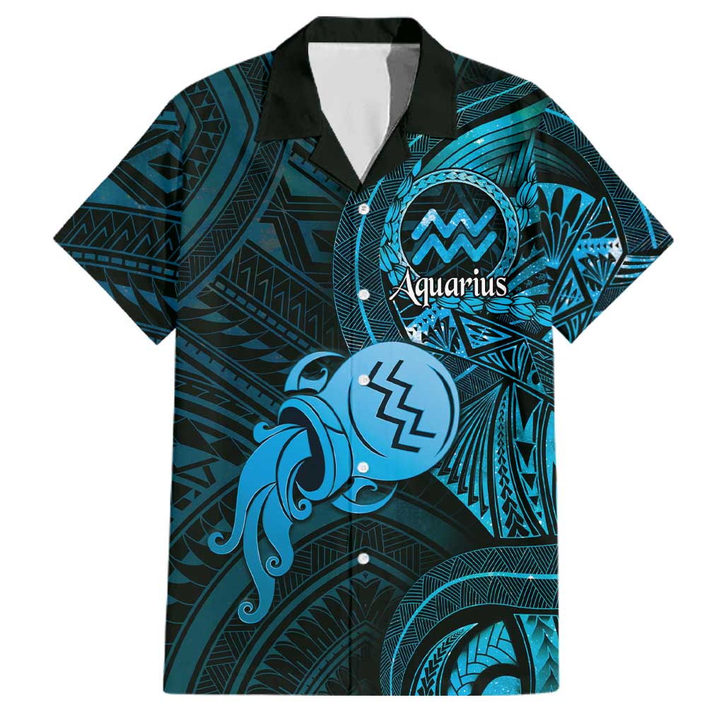 Personalised Polynesia Zodiac Aquarius Family Matching Puletasi and Hawaiian Shirt Galaxy Polynesian Pattern Chest Tattoo Style LT14 Dad's Shirt - Short Sleeve Blue - Polynesian Pride