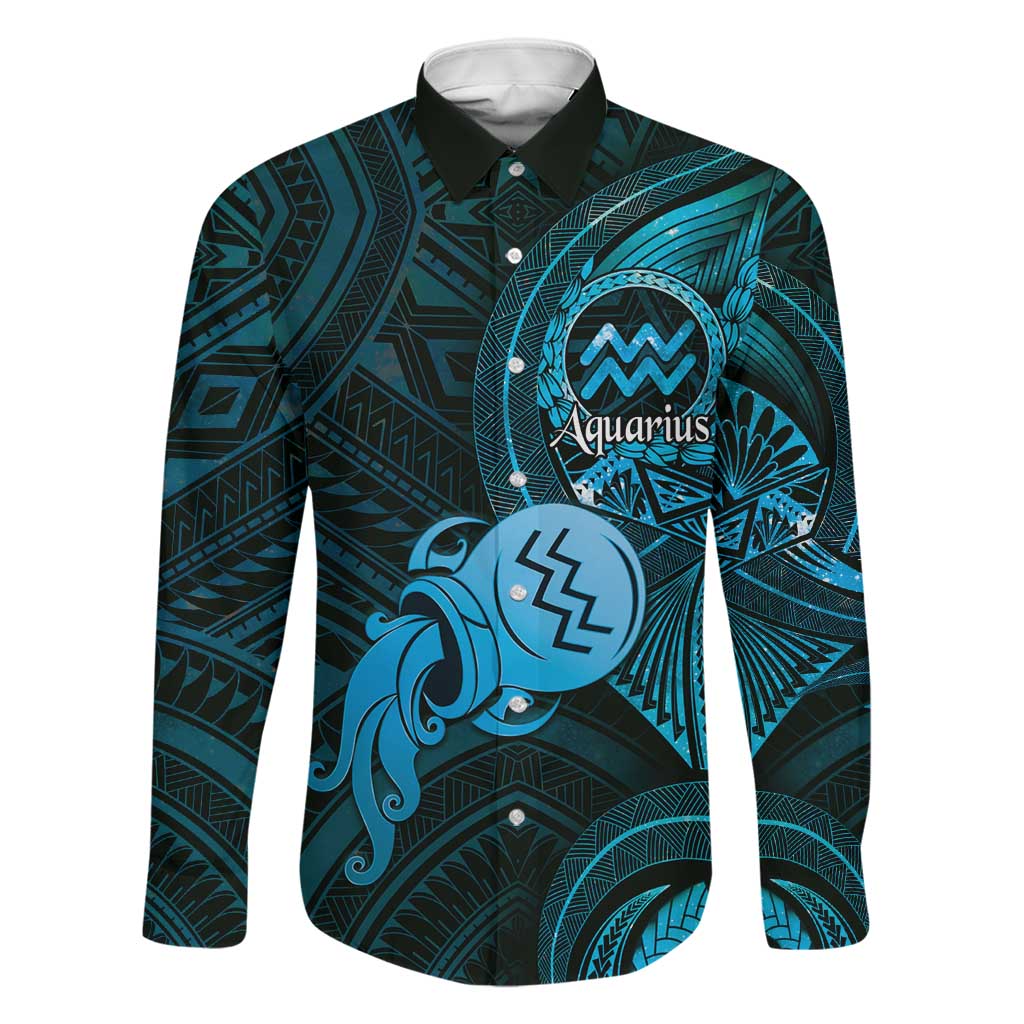 Personalised Polynesia Zodiac Aquarius Family Matching Puletasi and Hawaiian Shirt Galaxy Polynesian Pattern Chest Tattoo Style LT14 Dad's Shirt - Long Sleeve Blue - Polynesian Pride