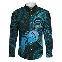 Personalised Polynesia Zodiac Aquarius Family Matching Puletasi and Hawaiian Shirt Galaxy Polynesian Pattern Chest Tattoo Style LT14 Dad's Shirt - Long Sleeve Blue - Polynesian Pride