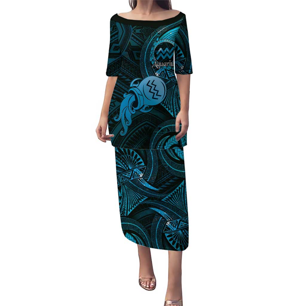 Personalised Polynesia Zodiac Aquarius Family Matching Puletasi and Hawaiian Shirt Galaxy Polynesian Pattern Chest Tattoo Style LT14 Mom's Dress Blue - Polynesian Pride