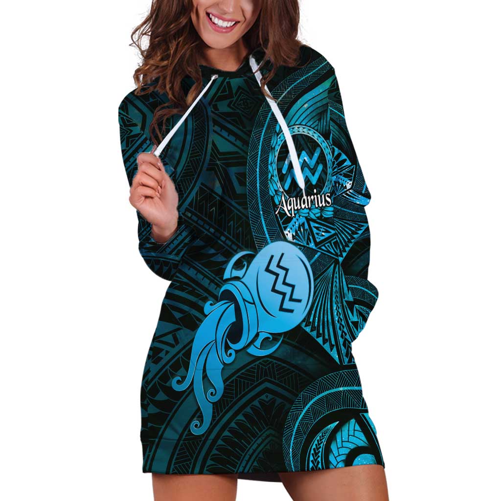 Personalised Polynesia Zodiac Aquarius Hoodie Dress Galaxy Polynesian Pattern Chest Tattoo Style LT14 Blue - Polynesian Pride