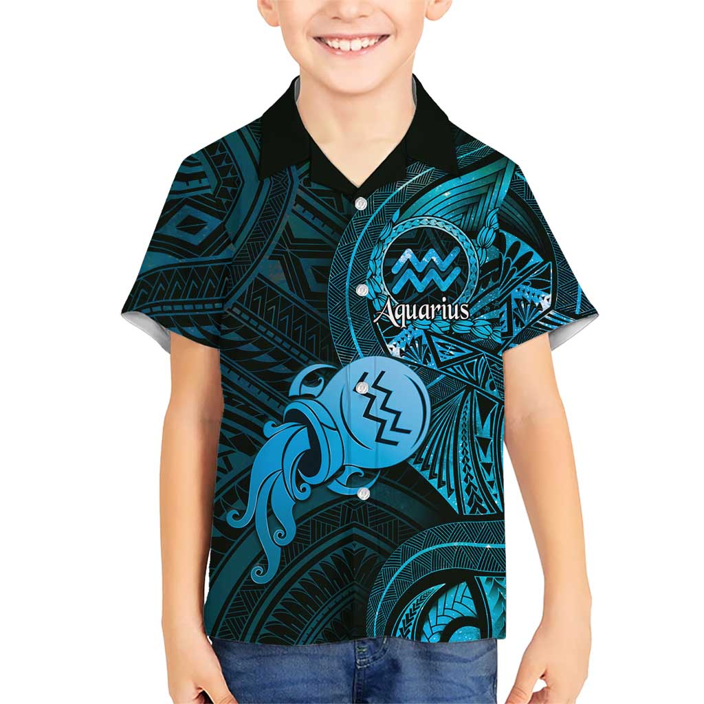 Personalised Polynesia Zodiac Aquarius Kid Hawaiian Shirt Galaxy Polynesian Pattern Chest Tattoo Style LT14 Kid Blue - Polynesian Pride