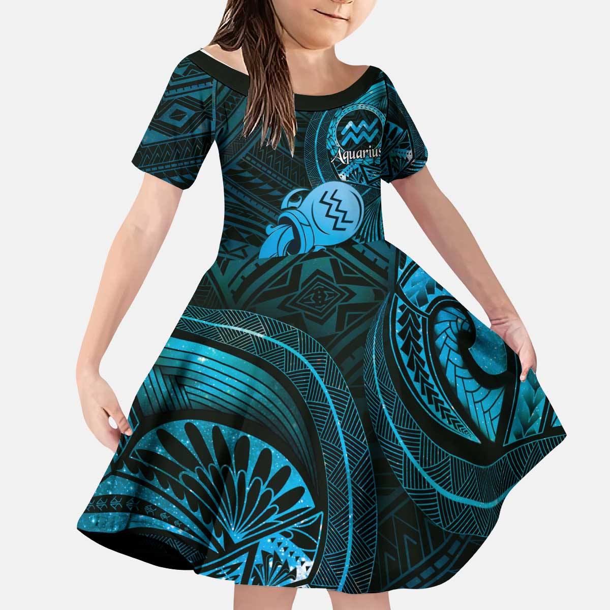 Personalised Polynesia Zodiac Aquarius Kid Short Sleeve Dress Galaxy Polynesian Pattern Chest Tattoo Style LT14 KID Blue - Polynesian Pride