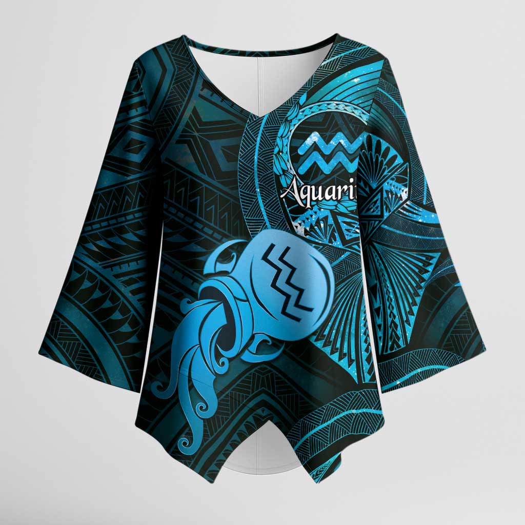 Personalised Polynesia Zodiac Aquarius Kimono Sleeve Blouse Galaxy Polynesian Pattern Chest Tattoo Style LT14 Female Blue - Polynesian Pride