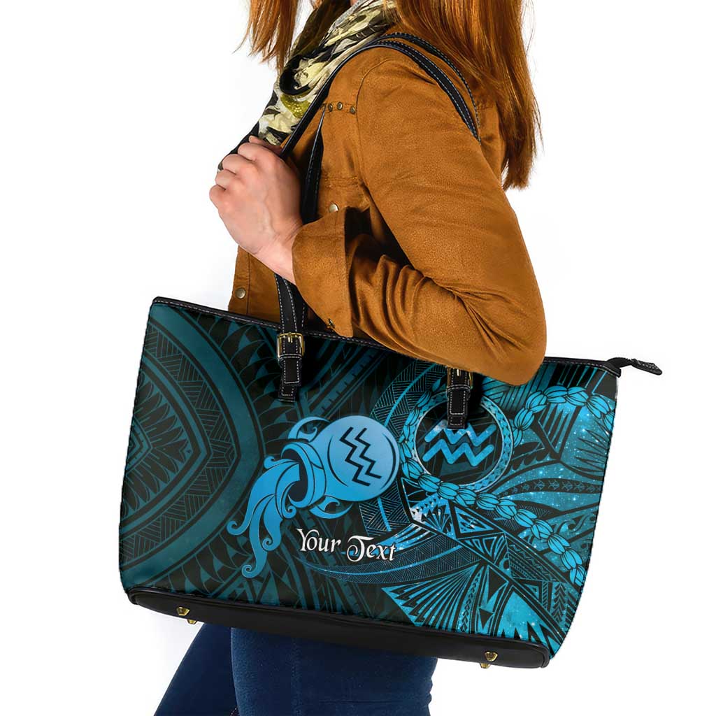 Personalised Polynesia Zodiac Aquarius Leather Tote Bag Galaxy Polynesian Pattern Chest Tattoo Style LT14 Blue - Polynesian Pride