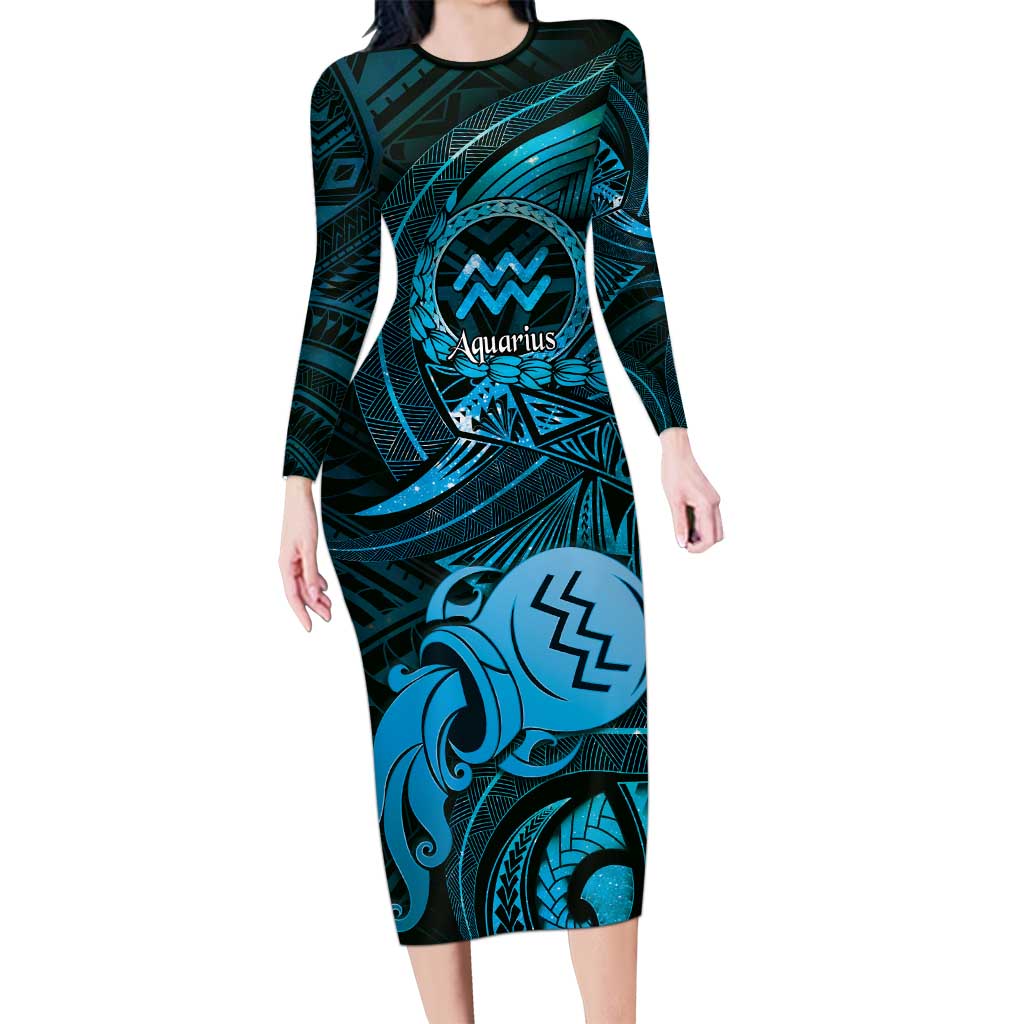 Personalised Polynesia Zodiac Aquarius Long Sleeve Bodycon Dress Galaxy Polynesian Pattern Chest Tattoo Style LT14 Long Dress Blue - Polynesian Pride
