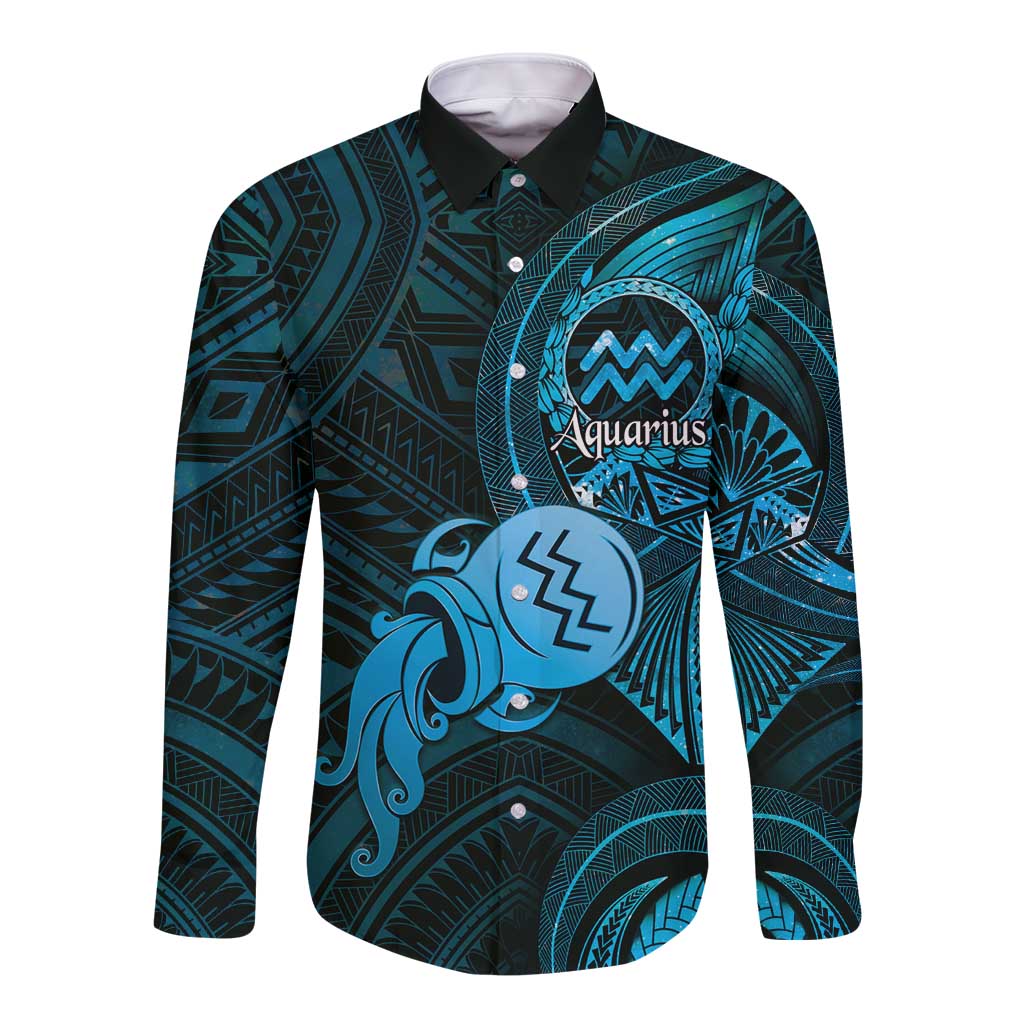 Personalised Polynesia Zodiac Aquarius Long Sleeve Button Shirt Galaxy Polynesian Pattern Chest Tattoo Style LT14 Unisex Blue - Polynesian Pride