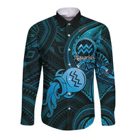 Personalised Polynesia Zodiac Aquarius Long Sleeve Button Shirt Galaxy Polynesian Pattern Chest Tattoo Style LT14 Unisex Blue - Polynesian Pride