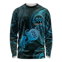 Personalised Polynesia Zodiac Aquarius Long Sleeve Shirt Galaxy Polynesian Pattern Chest Tattoo Style LT14 Unisex Blue - Polynesian Pride