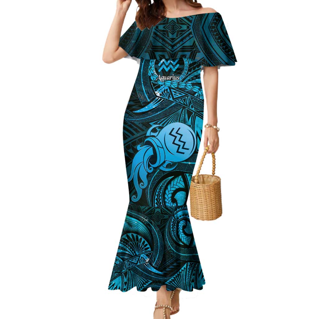 Personalised Polynesia Zodiac Aquarius Mermaid Dress Galaxy Polynesian Pattern Chest Tattoo Style LT14 Women Blue - Polynesian Pride