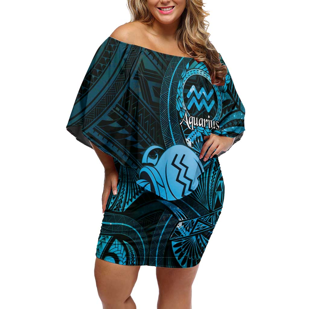 Personalised Polynesia Zodiac Aquarius Off Shoulder Short Dress Galaxy Polynesian Pattern Chest Tattoo Style LT14 Women Blue - Polynesian Pride