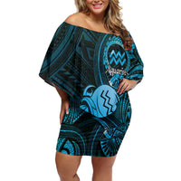 Personalised Polynesia Zodiac Aquarius Off Shoulder Short Dress Galaxy Polynesian Pattern Chest Tattoo Style LT14 Women Blue - Polynesian Pride