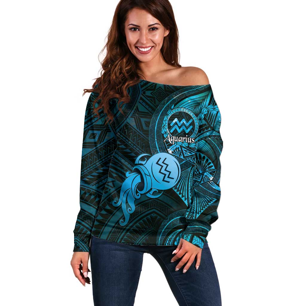 Personalised Polynesia Zodiac Aquarius Off Shoulder Sweater Galaxy Polynesian Pattern Chest Tattoo Style LT14 Women Blue - Polynesian Pride