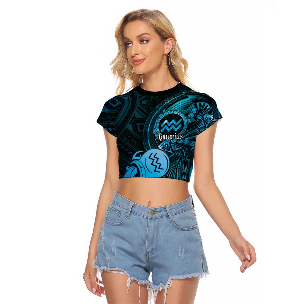 Personalised Polynesia Zodiac Aquarius Raglan Cropped T Shirt Galaxy Polynesian Pattern Chest Tattoo Style LT14 Female Blue - Polynesian Pride