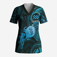 Personalised Polynesia Zodiac Aquarius Scrub Top Galaxy Polynesian Pattern Chest Tattoo Style LT14 Adult Blue - Polynesian Pride