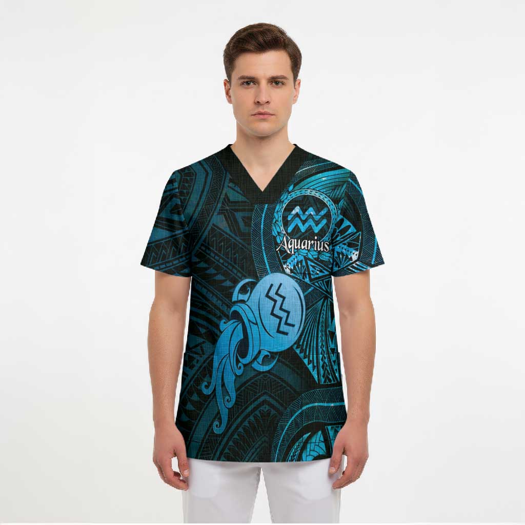 Personalised Polynesia Zodiac Aquarius Scrub Top Galaxy Polynesian Pattern Chest Tattoo Style LT14 - Polynesian Pride