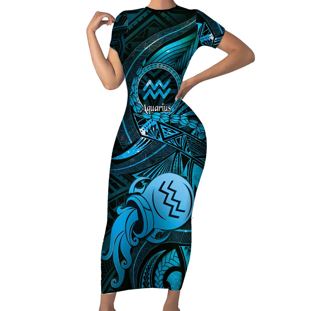 Personalised Polynesia Zodiac Aquarius Short Sleeve Bodycon Dress Galaxy Polynesian Pattern Chest Tattoo Style LT14 Long Dress Blue - Polynesian Pride