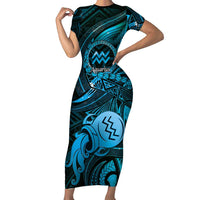 Personalised Polynesia Zodiac Aquarius Short Sleeve Bodycon Dress Galaxy Polynesian Pattern Chest Tattoo Style LT14 Long Dress Blue - Polynesian Pride