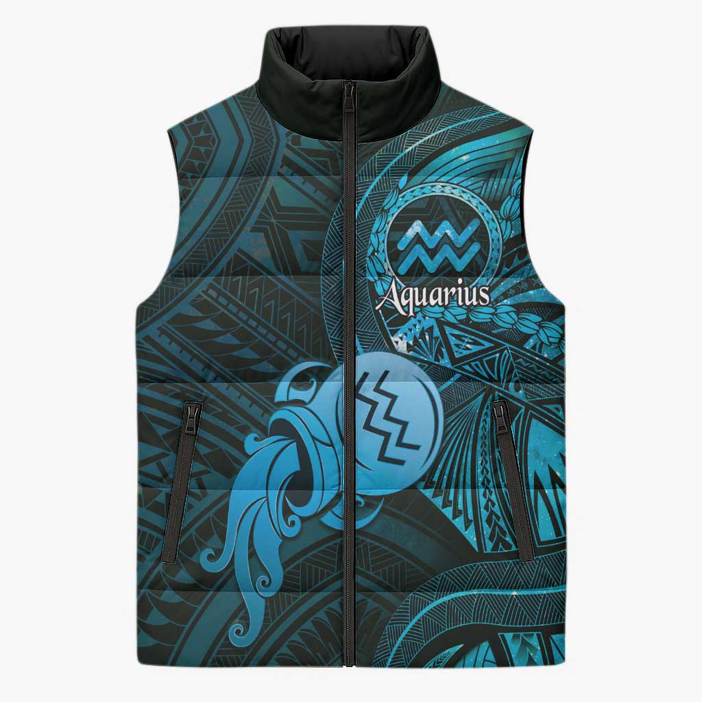 Personalised Polynesia Zodiac Aquarius Sleeveless Puffer Jacket Galaxy Polynesian Pattern Chest Tattoo Style LT14 Unisex Blue - Polynesian Pride