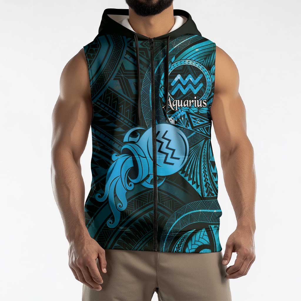 Personalised Polynesia Zodiac Aquarius Sleeveless Zip Hoodie Galaxy Polynesian Pattern Chest Tattoo Style LT14 - Polynesian Pride