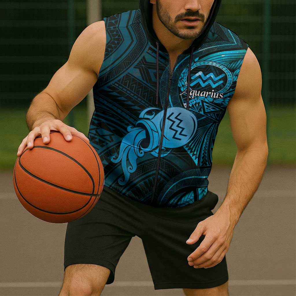 Personalised Polynesia Zodiac Aquarius Sleeveless Zip Hoodie Galaxy Polynesian Pattern Chest Tattoo Style LT14 - Polynesian Pride