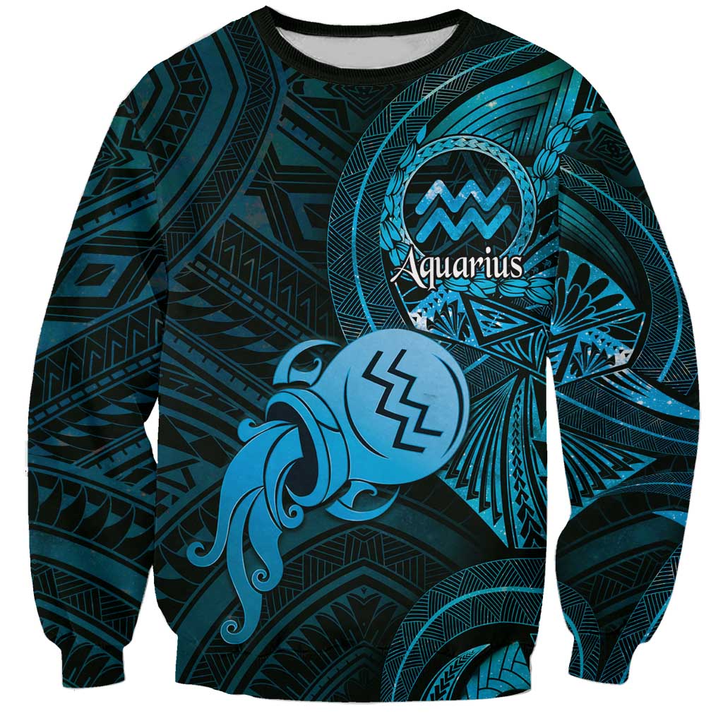 Personalised Polynesia Zodiac Aquarius Sweatshirt Galaxy Polynesian Pattern Chest Tattoo Style LT14 Unisex Blue - Polynesian Pride
