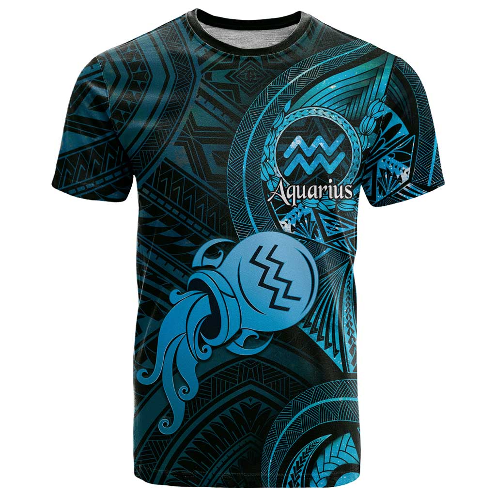 Personalised Polynesia Zodiac Aquarius T Shirt Galaxy Polynesian Pattern Chest Tattoo Style LT14 Blue - Polynesian Pride