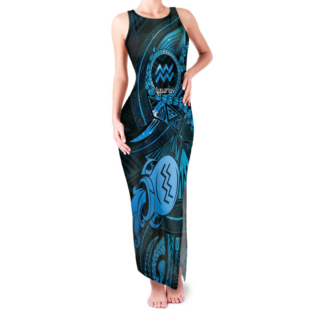 Personalised Polynesia Zodiac Aquarius Tank Maxi Dress Galaxy Polynesian Pattern Chest Tattoo Style LT14 Women Blue - Polynesian Pride
