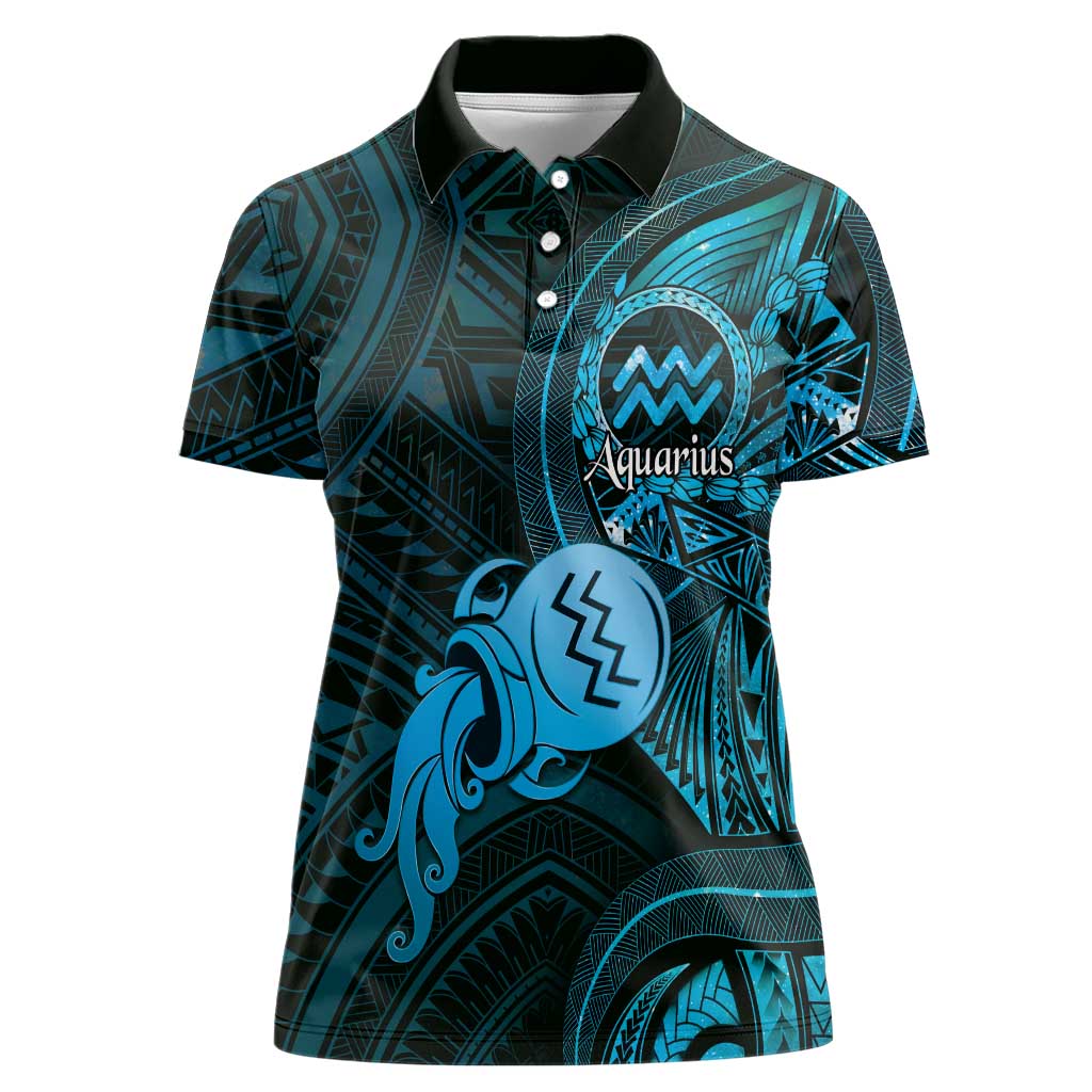 Personalised Polynesia Zodiac Aquarius Women Polo Shirt Galaxy Polynesian Pattern Chest Tattoo Style LT14 Female Blue - Polynesian Pride