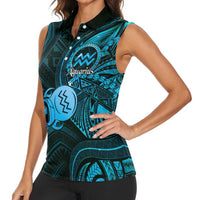 Personalised Polynesia Zodiac Aquarius Women Sleeveless Polo Shirt Galaxy Polynesian Pattern Chest Tattoo Style