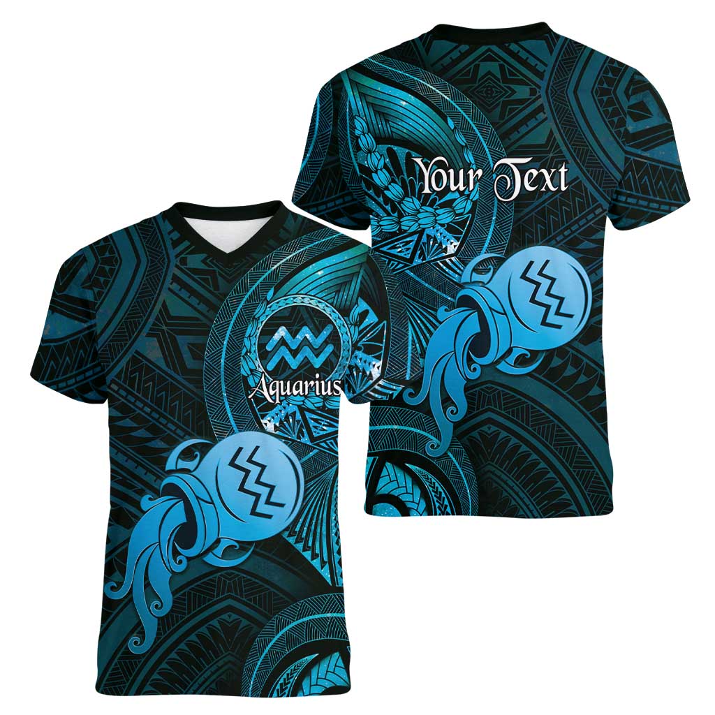 Personalised Polynesia Zodiac Aquarius Women V-Neck T-Shirt Galaxy Polynesian Pattern Chest Tattoo Style LT14 - Polynesian Pride