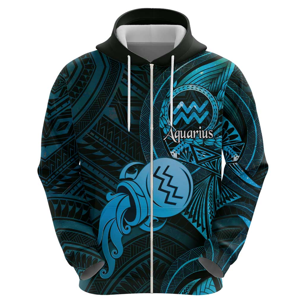 Personalised Polynesia Zodiac Aquarius Zip Hoodie Galaxy Polynesian Pattern Chest Tattoo Style LT14 - Polynesian Pride