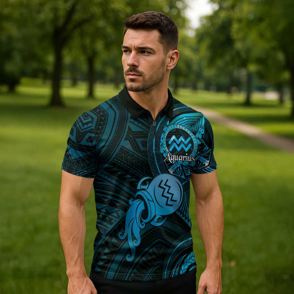 Personalised Polynesia Zodiac Aquarius Zipper Polo Shirt Galaxy Polynesian Pattern Chest Tattoo Style LT14 - Polynesian Pride