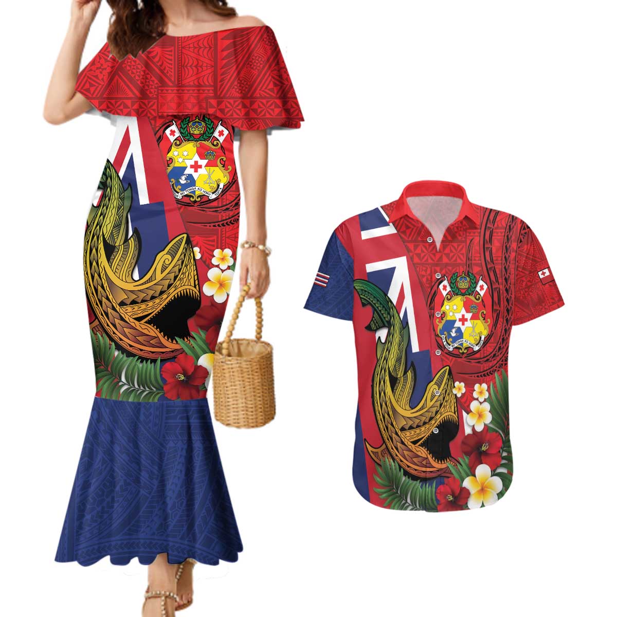 Hawaii And Tonga Couples Matching Mermaid Dress and Hawaiian Shirt Shark Tattoo With Tongan Coat Of Arms LT14 Red - Polynesian Pride