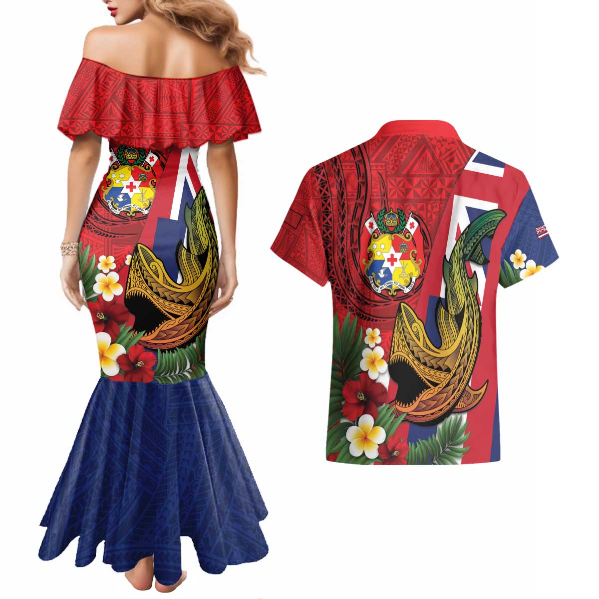 Hawaii And Tonga Couples Matching Mermaid Dress and Hawaiian Shirt Shark Tattoo With Tongan Coat Of Arms LT14 - Polynesian Pride