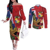 Hawaii And Tonga Couples Matching Off The Shoulder Long Sleeve Dress and Long Sleeve Button Shirt Shark Tattoo With Tongan Coat Of Arms LT14 Red - Polynesian Pride