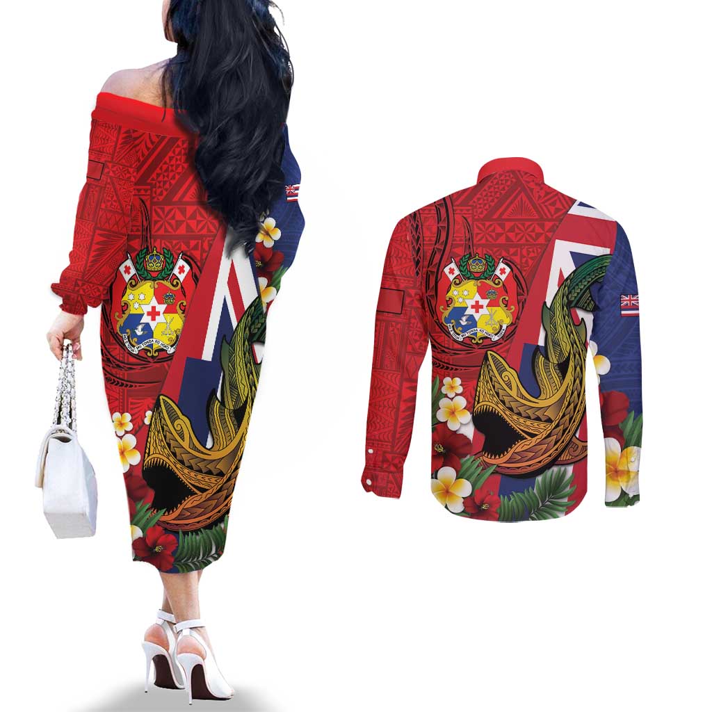 Hawaii And Tonga Couples Matching Off The Shoulder Long Sleeve Dress and Long Sleeve Button Shirt Shark Tattoo With Tongan Coat Of Arms LT14 - Polynesian Pride