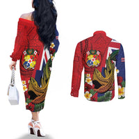 Hawaii And Tonga Couples Matching Off The Shoulder Long Sleeve Dress and Long Sleeve Button Shirt Shark Tattoo With Tongan Coat Of Arms LT14 - Polynesian Pride