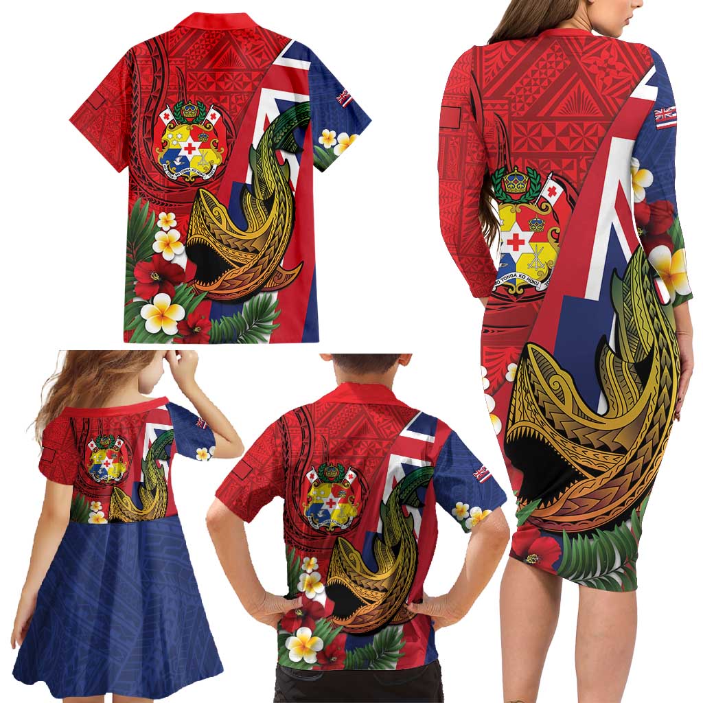 Hawaii And Tonga Family Matching Long Sleeve Bodycon Dress and Hawaiian Shirt Shark Tattoo With Tongan Coat Of Arms