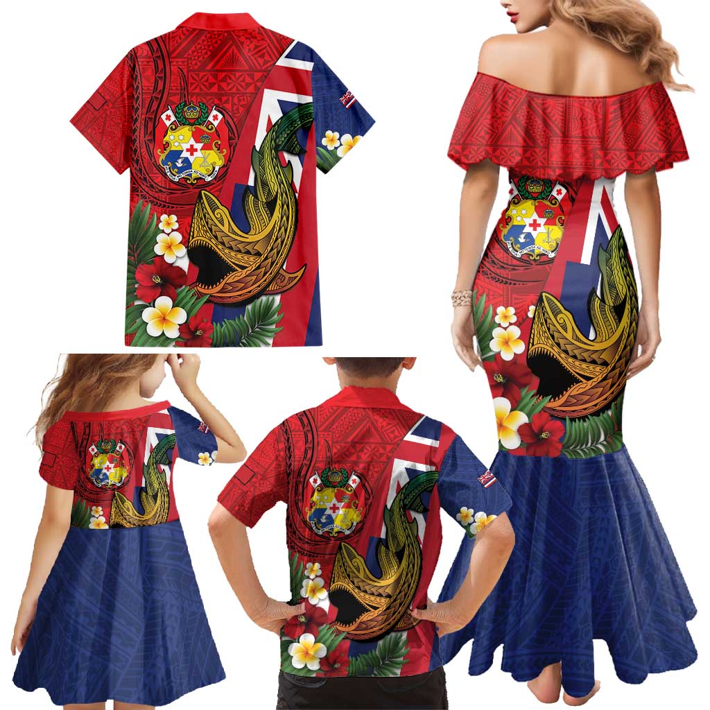 Hawaii And Tonga Family Matching Mermaid Dress and Hawaiian Shirt Shark Tattoo With Tongan Coat Of Arms