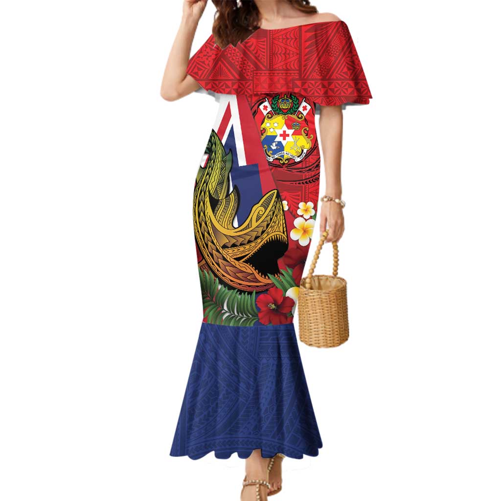 Hawaii And Tonga Family Matching Mermaid Dress and Hawaiian Shirt Shark Tattoo With Tongan Coat Of Arms
