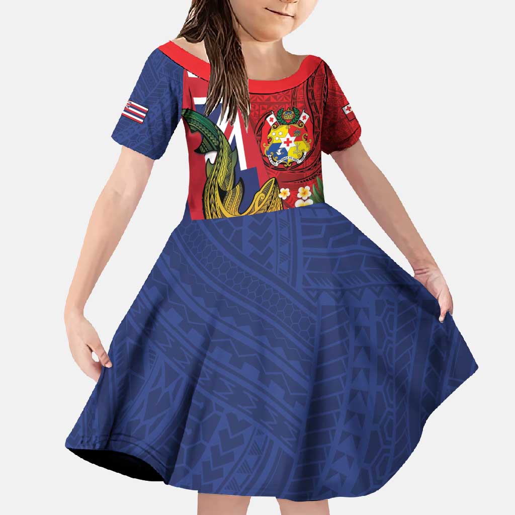 Hawaii And Tonga Family Matching Short Sleeve Bodycon Dress and Hawaiian Shirt Shark Tattoo With Tongan Coat Of Arms